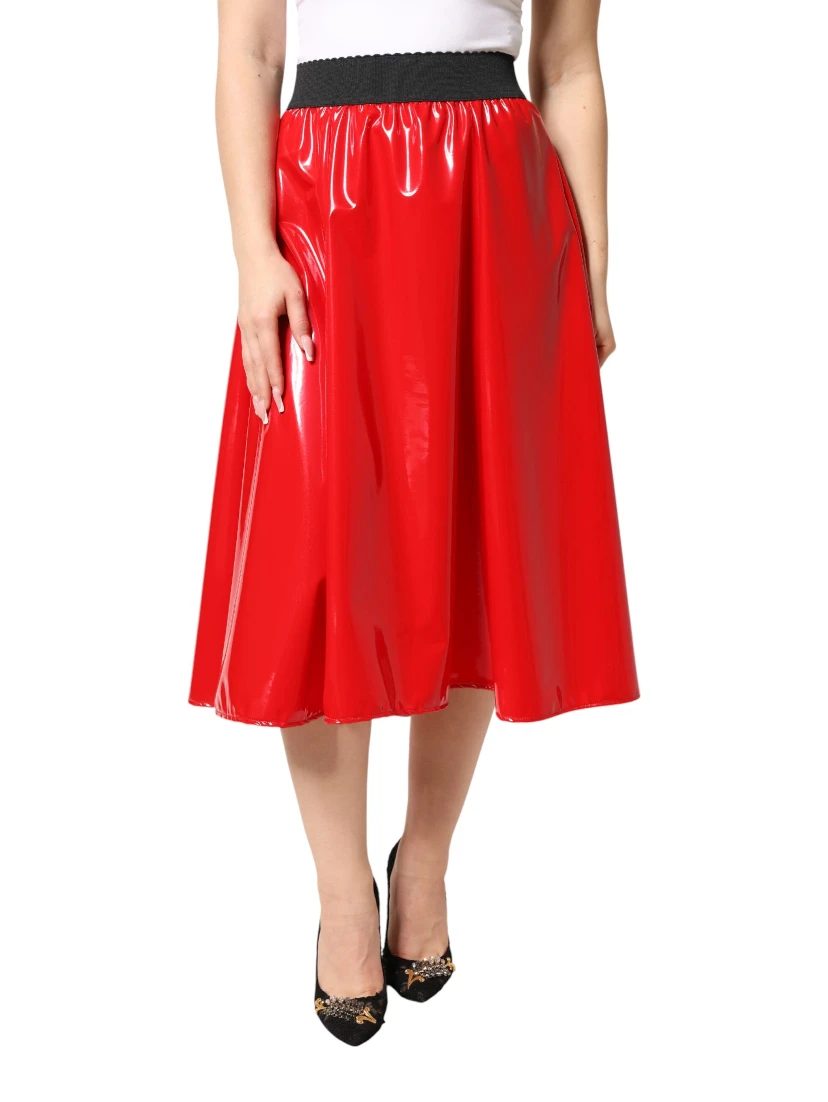 Glossy Red Polyester High Waist Midi Skirt