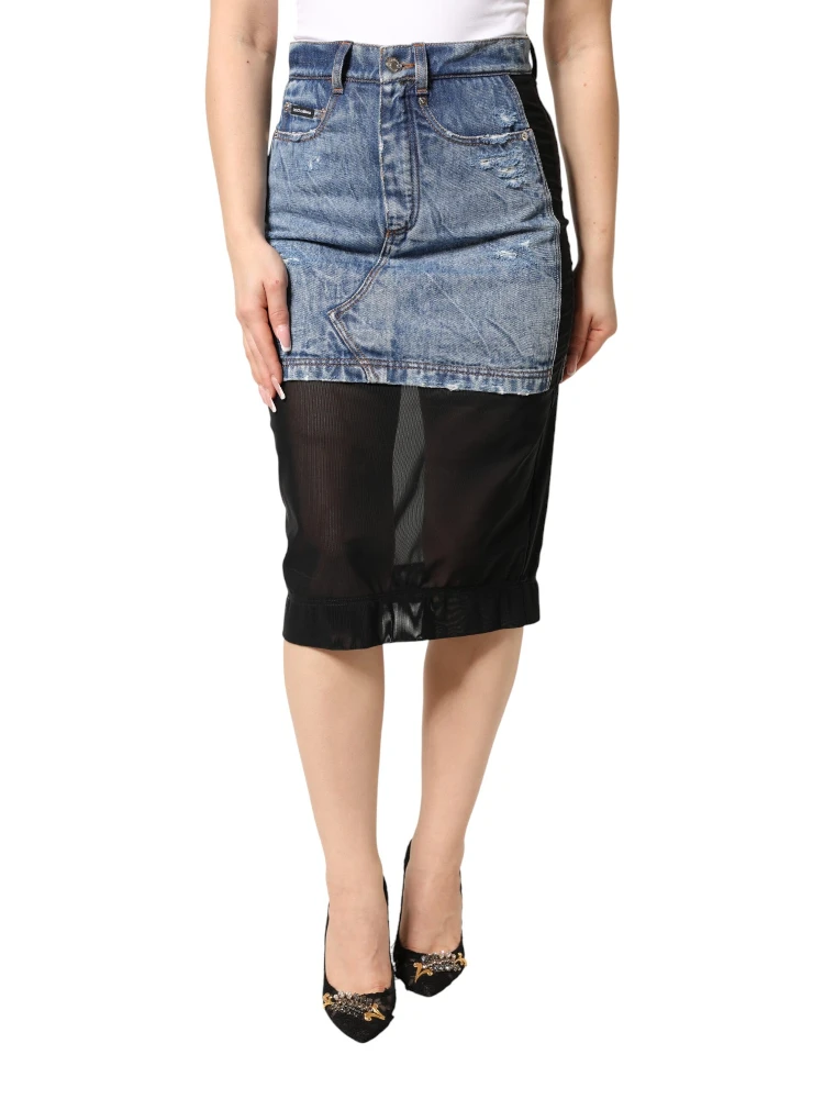Blue Black Cotton Denim Sheer Midi Skirt