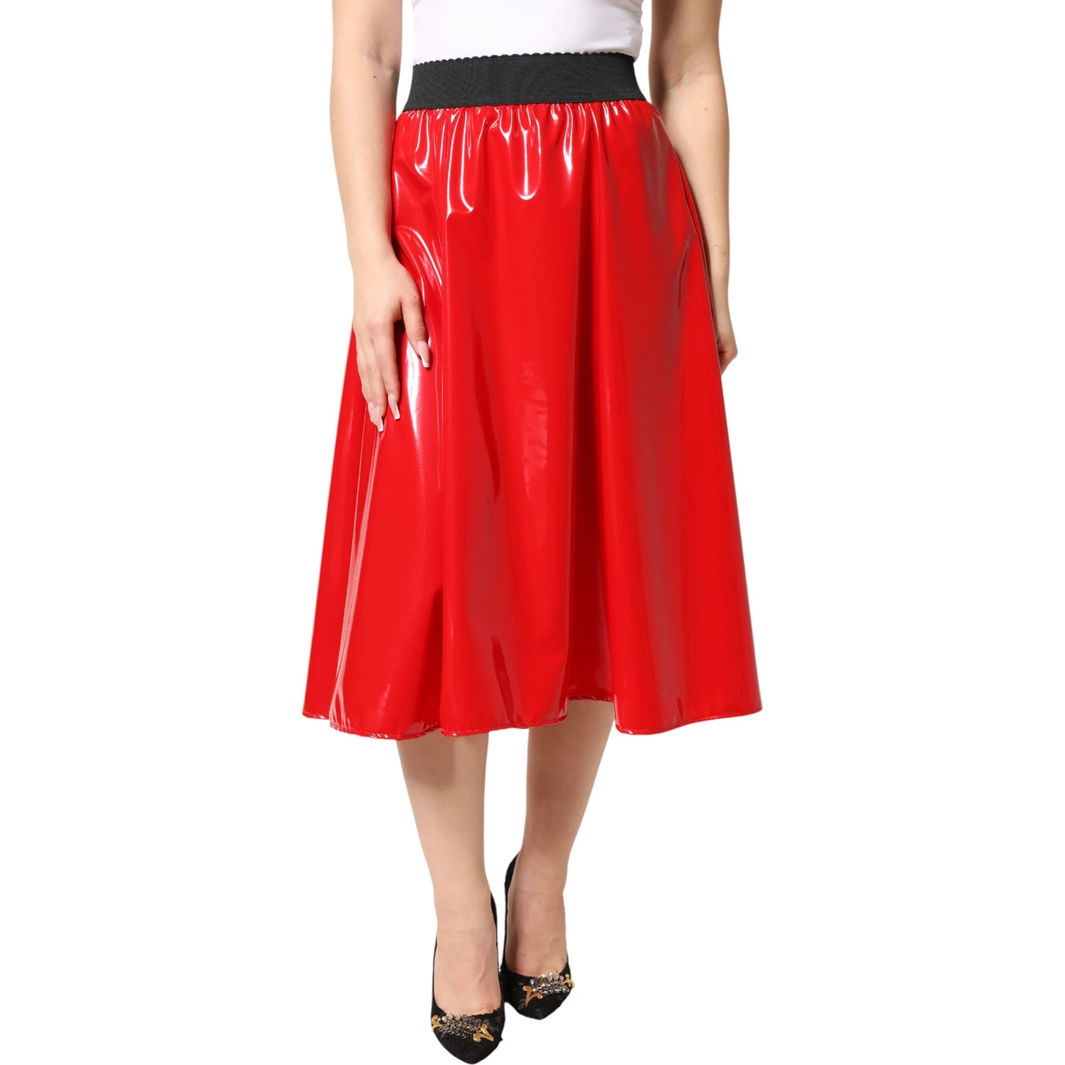 Glossy Red Polyester High Waist Midi Skirt