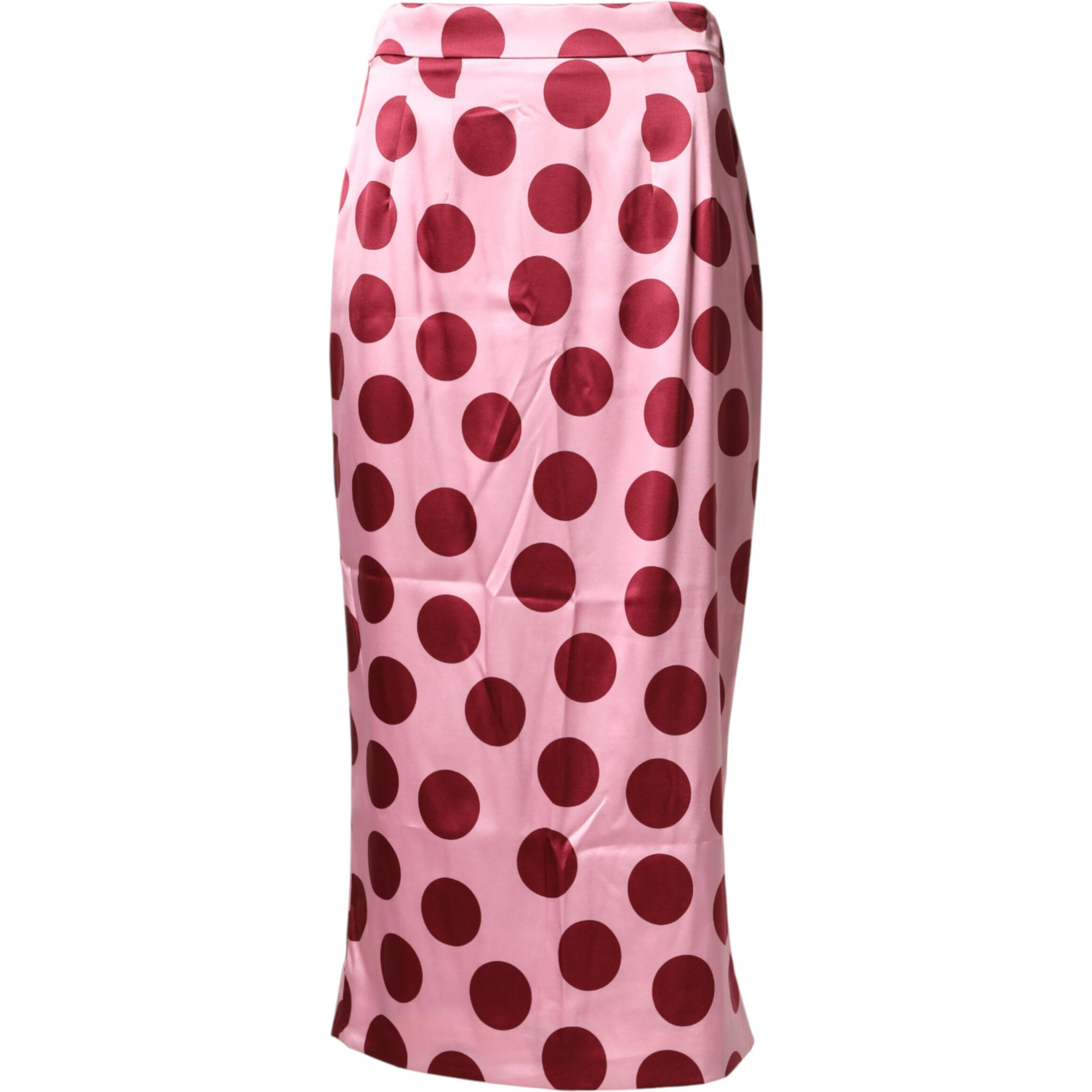 Pink Polka Dot Silk Pencil Cut Midi Skirt