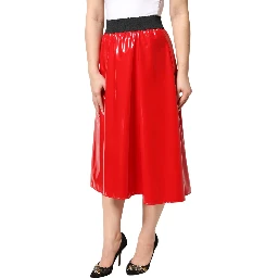 Glossy Red Polyester High Waist Midi Skirt