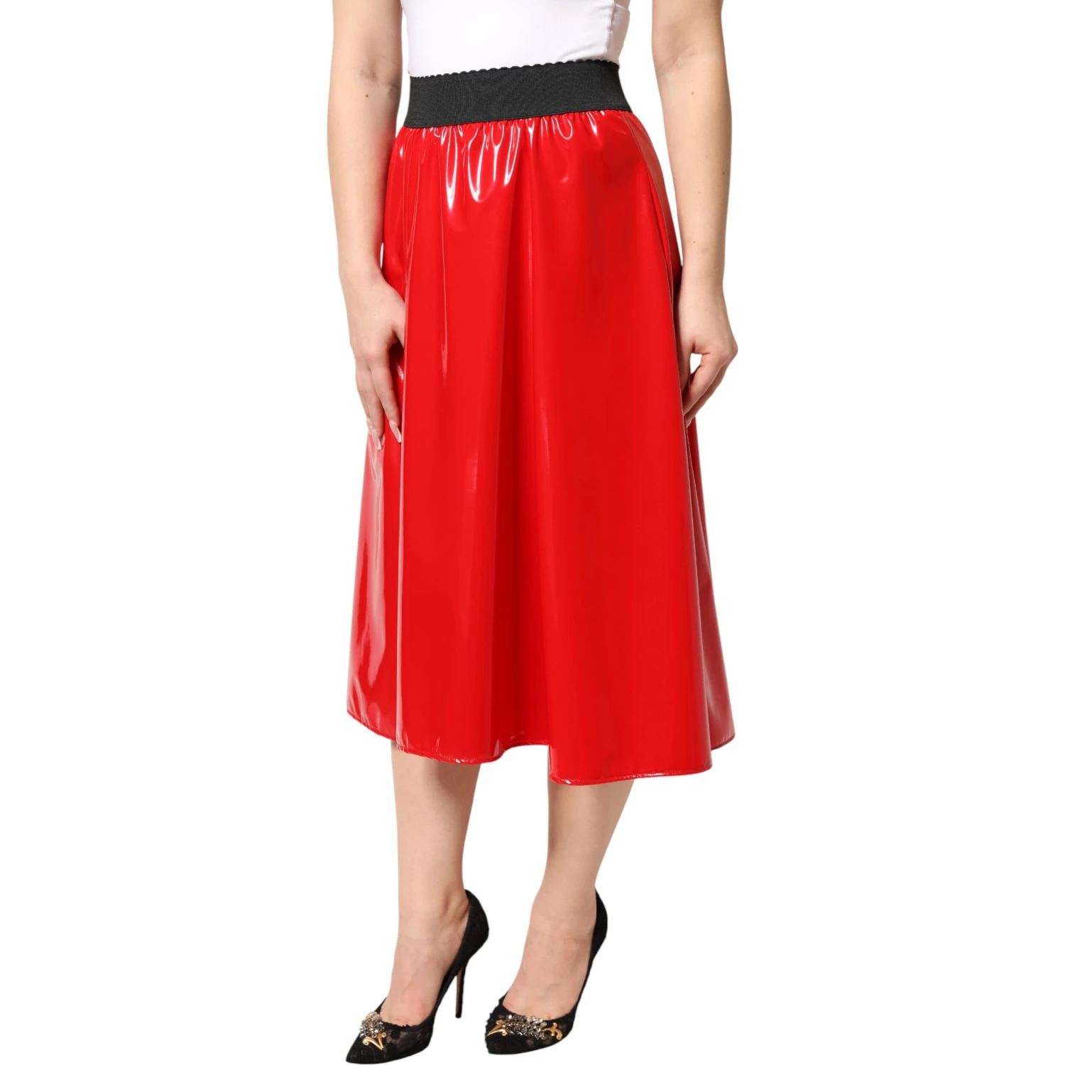 Glossy Red Polyester High Waist Midi Skirt