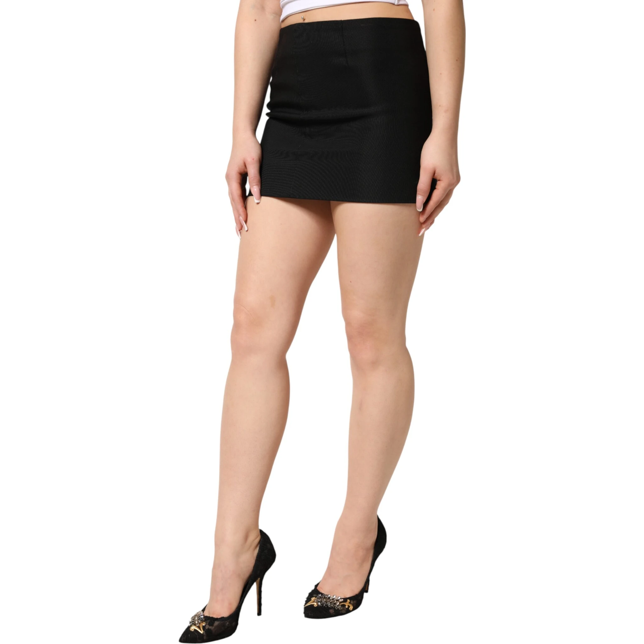 Black Cotton Pencil Cut High Waist Mini Skirt