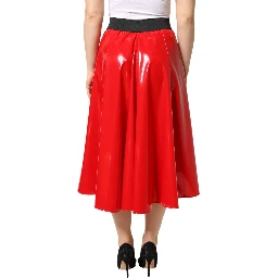 Glossy Red Polyester High Waist Midi Skirt