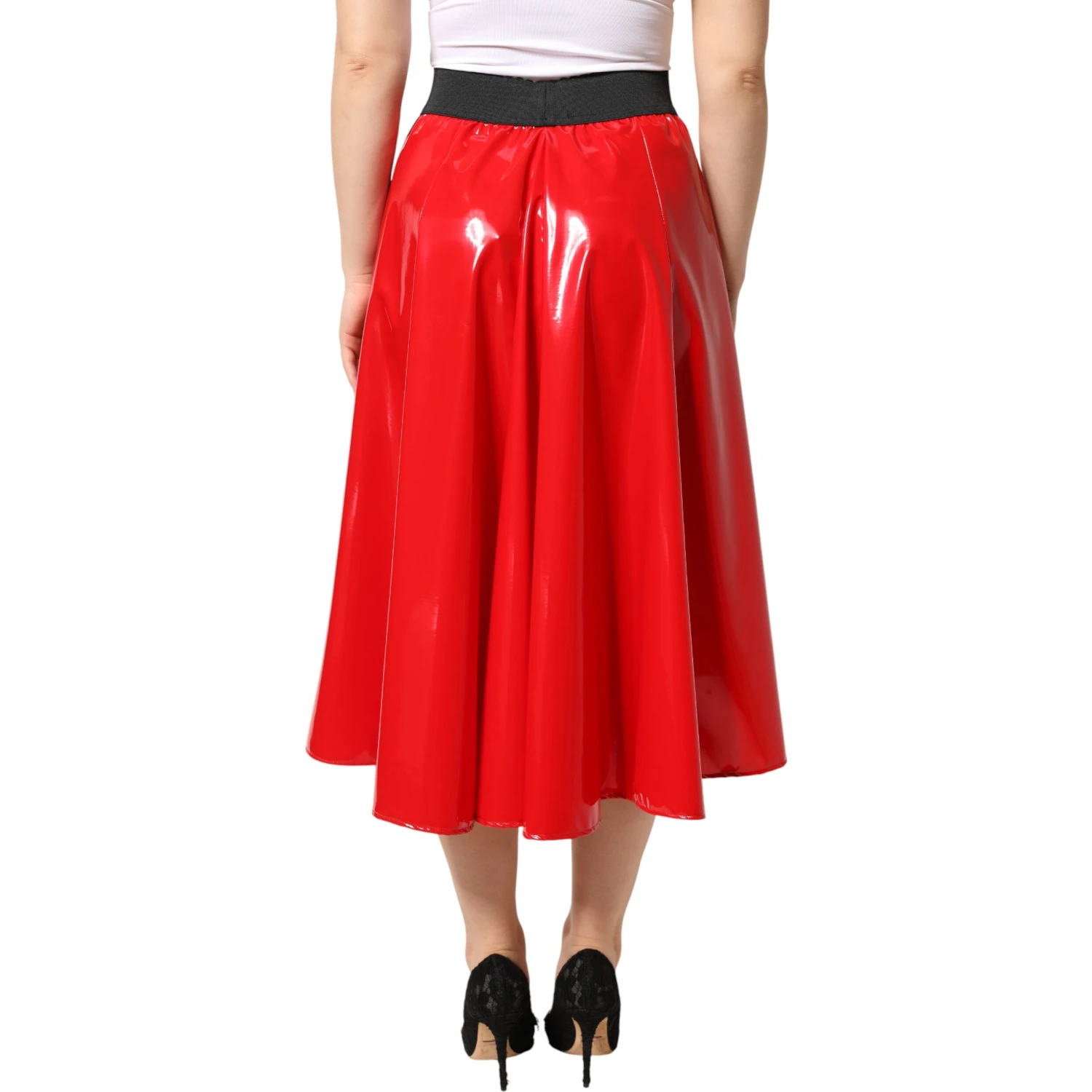 Glossy Red Polyester High Waist Midi Skirt