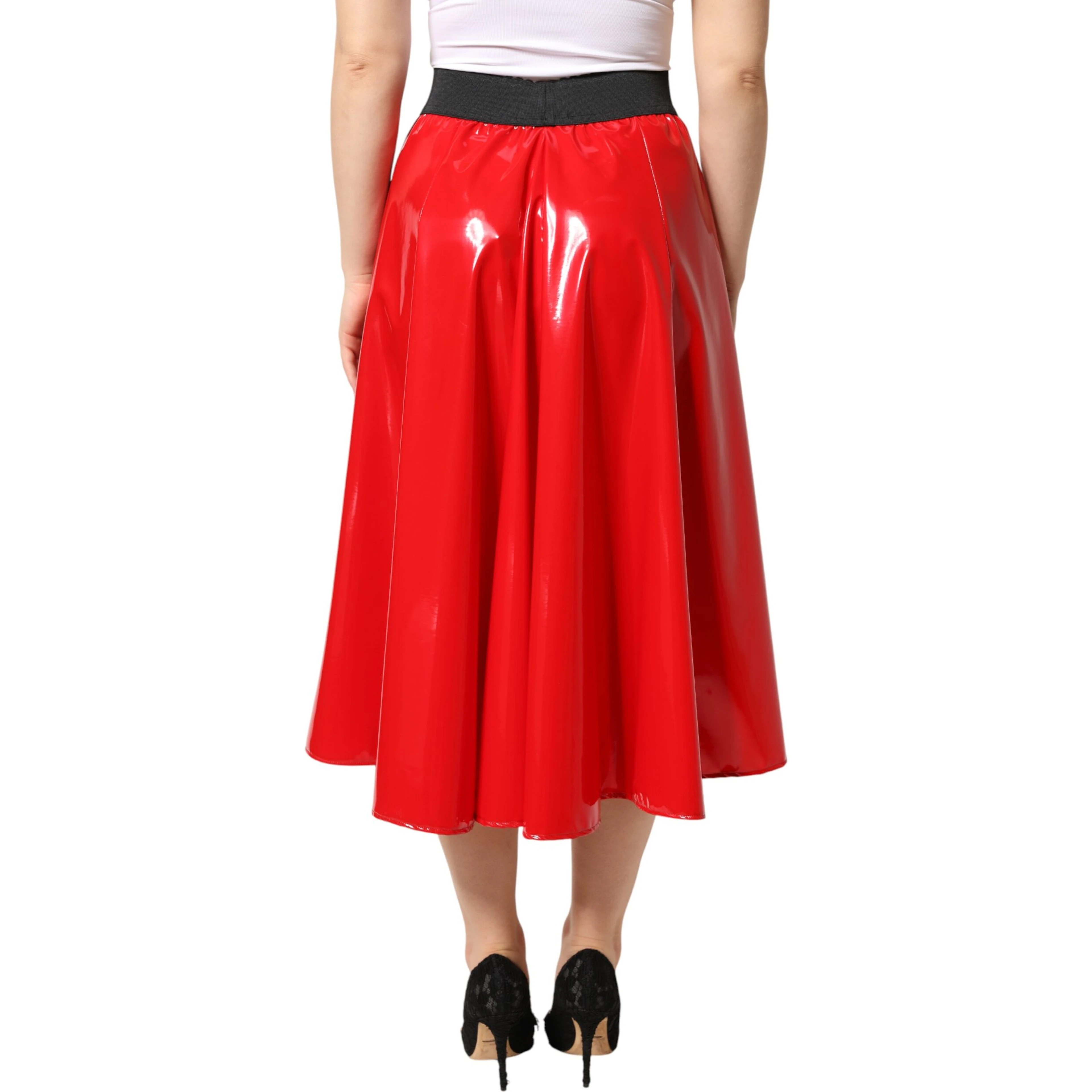 Glossy Red Polyester High Waist Midi Skirt