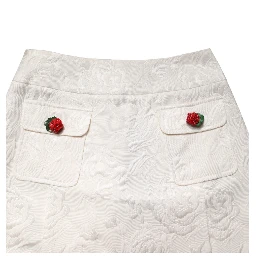 White Floral Brocade High Waist Mini Skirt
