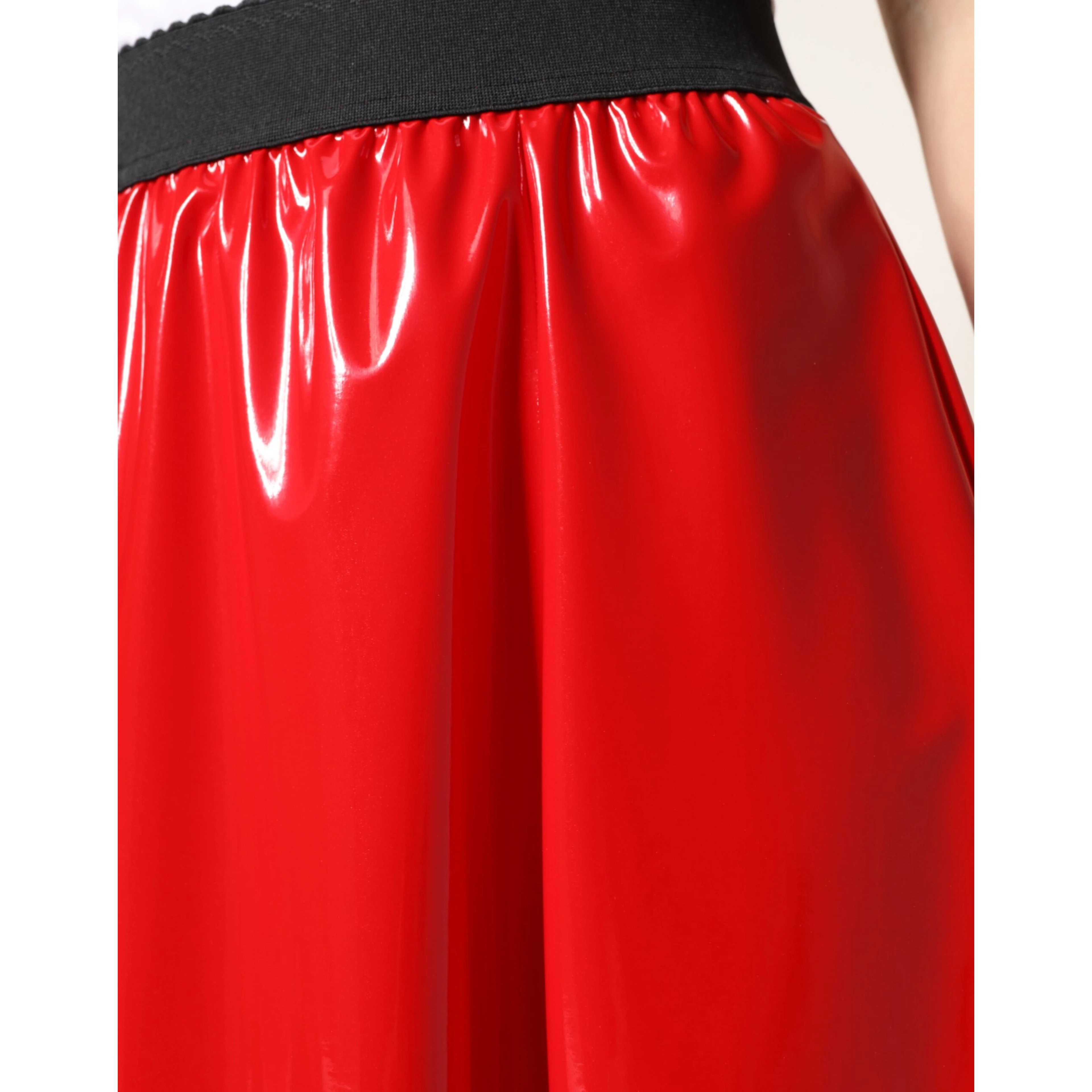 Glossy Red Polyester High Waist Midi Skirt