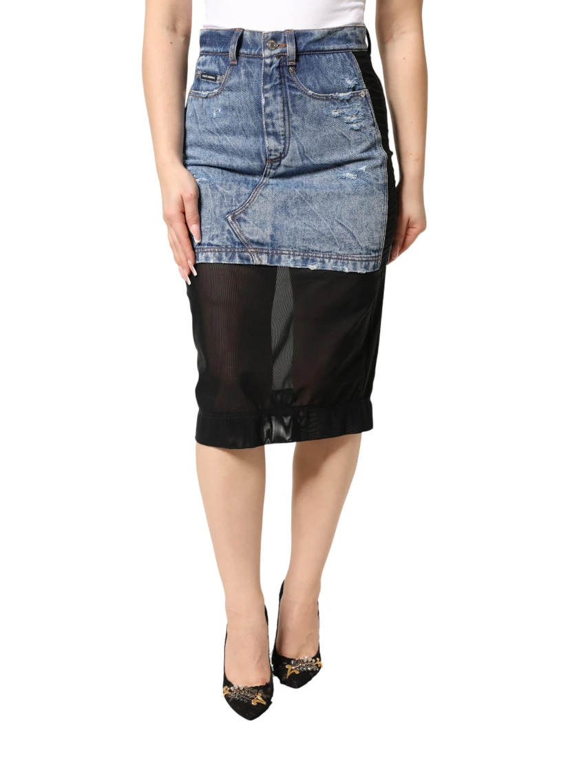 Blue Black Cotton Denim Sheer Midi Skirt