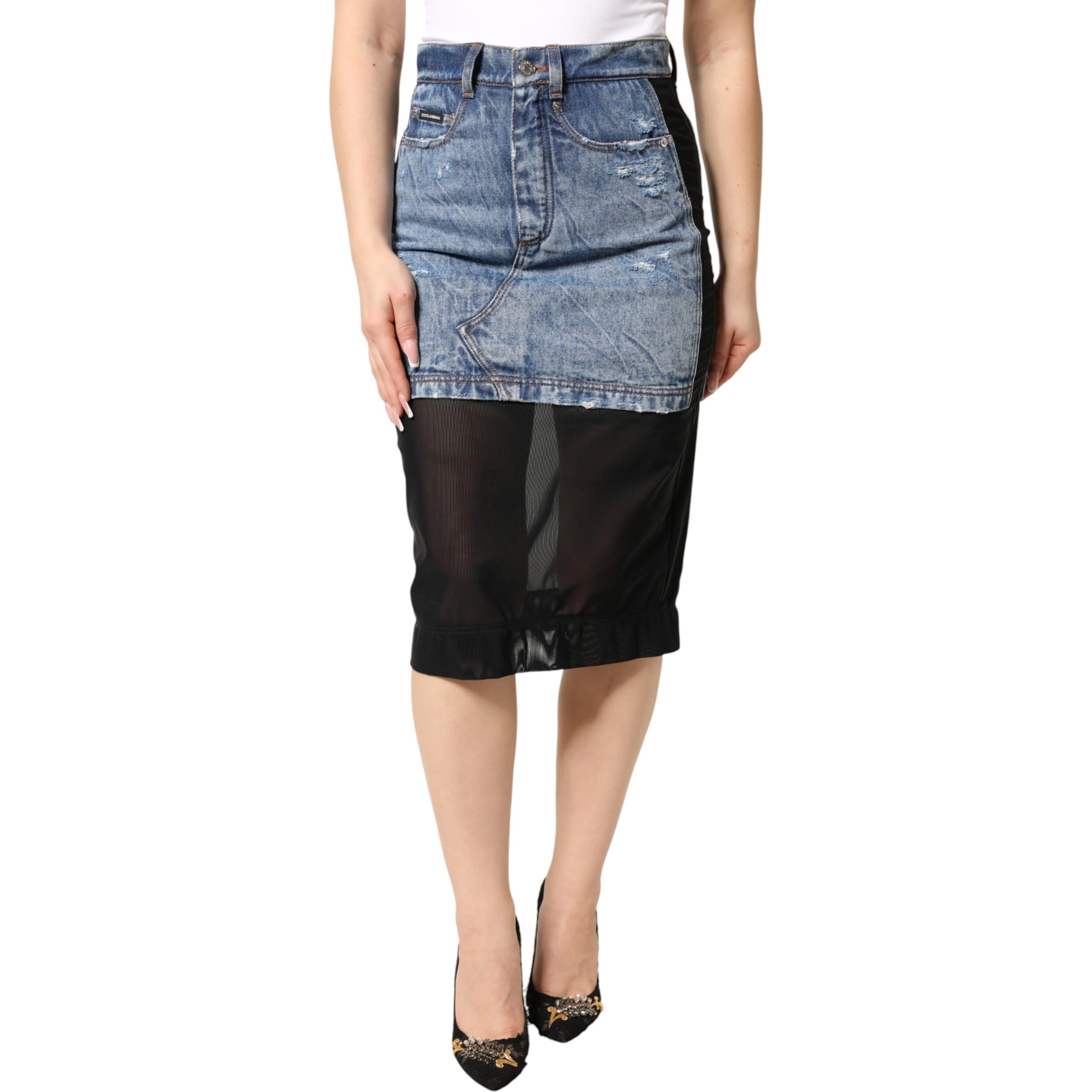 Blue Black Cotton Denim Sheer Midi Skirt