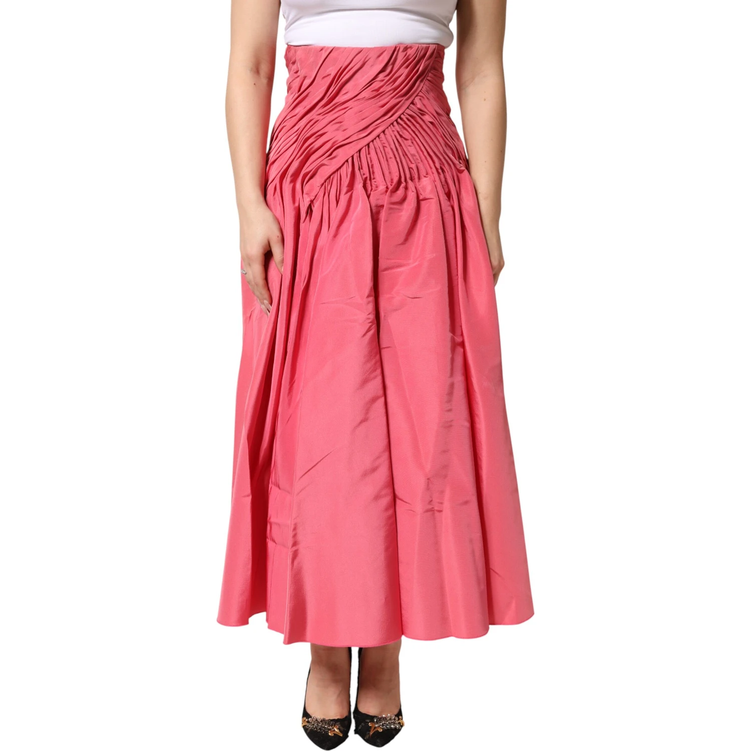 Pink Silk Pleated High Waist Midi Skirt