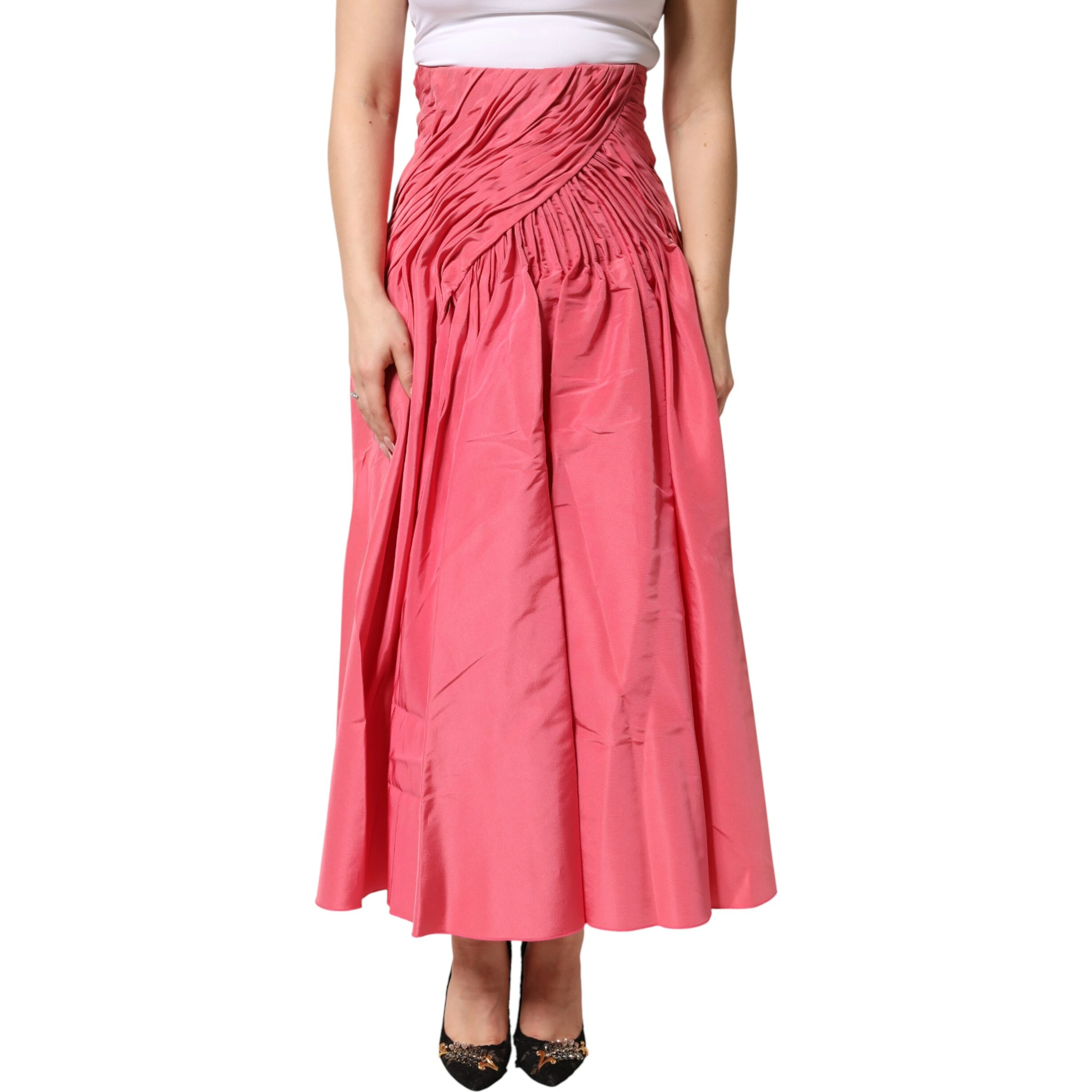 Pink Silk Pleated High Waist Midi Skirt