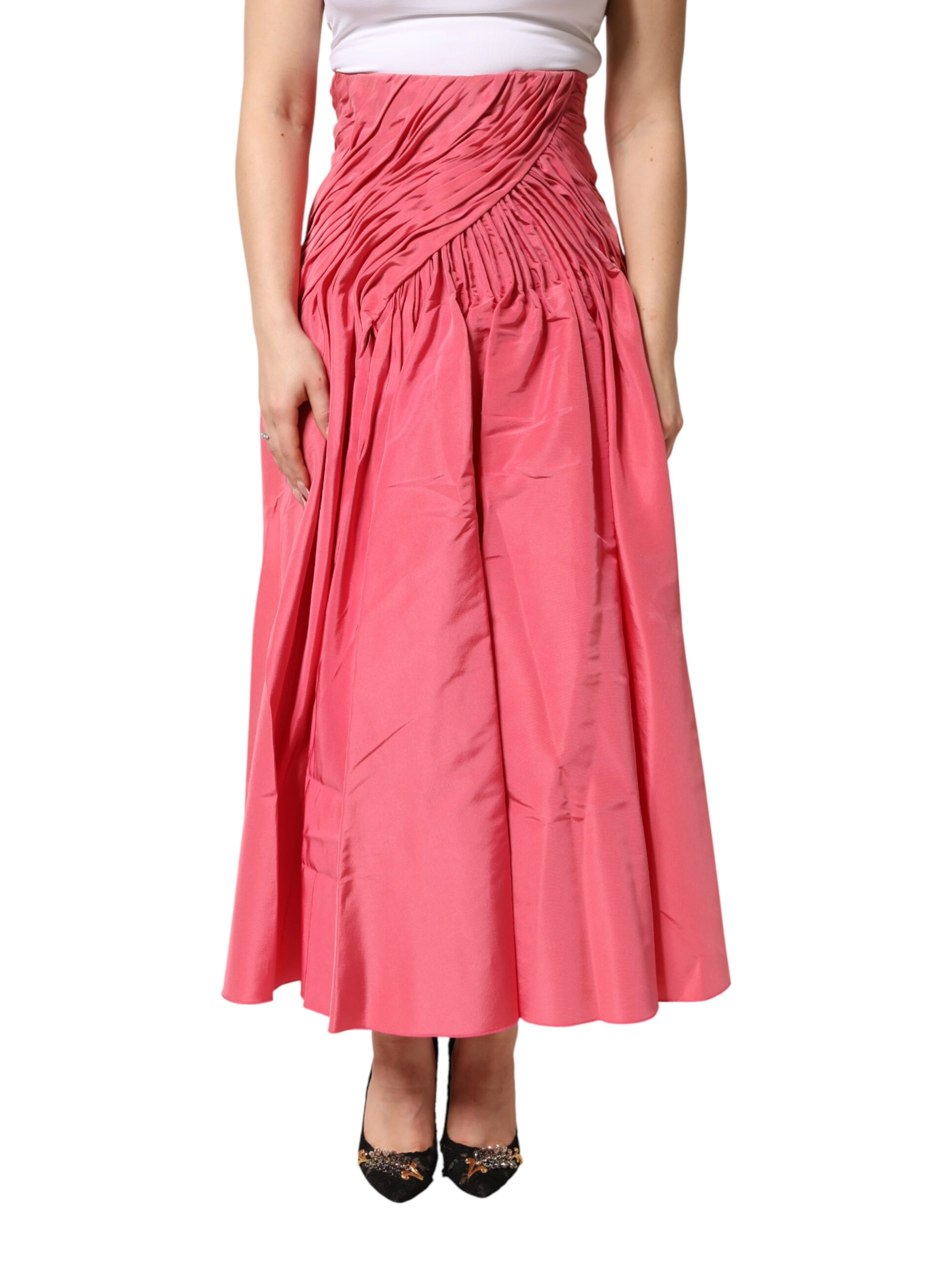 Pink Silk Pleated High Waist Midi Skirt