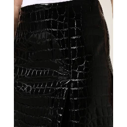 Black Croc Faux-Leather Mid Waist Midi Skirt