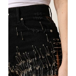 Black Pins Cotton Denim Hot Pants Shorts
