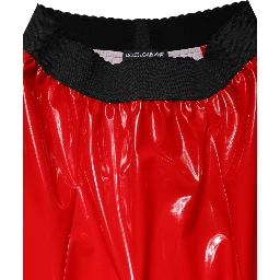 Glossy Red Polyester High Waist Midi Skirt
