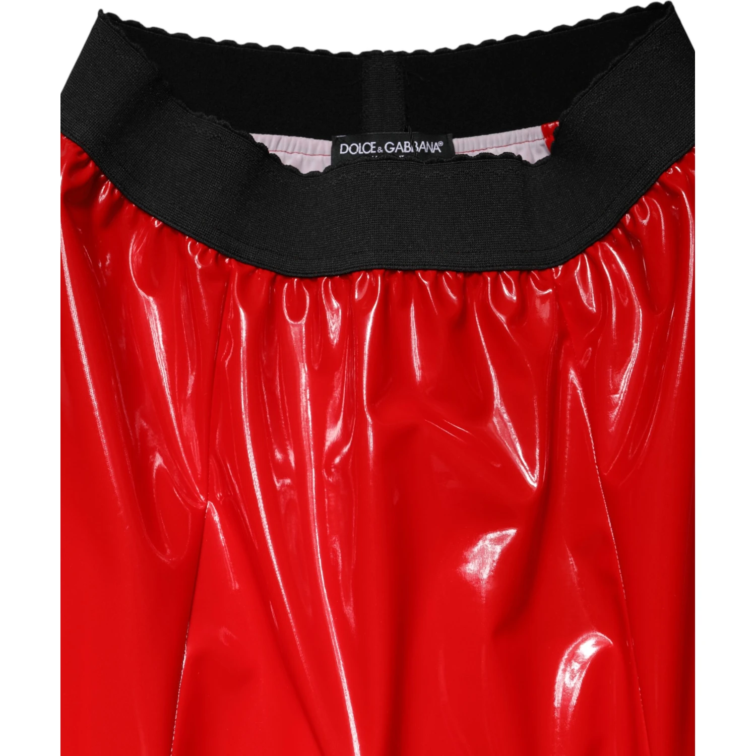 Glossy Red Polyester High Waist Midi Skirt