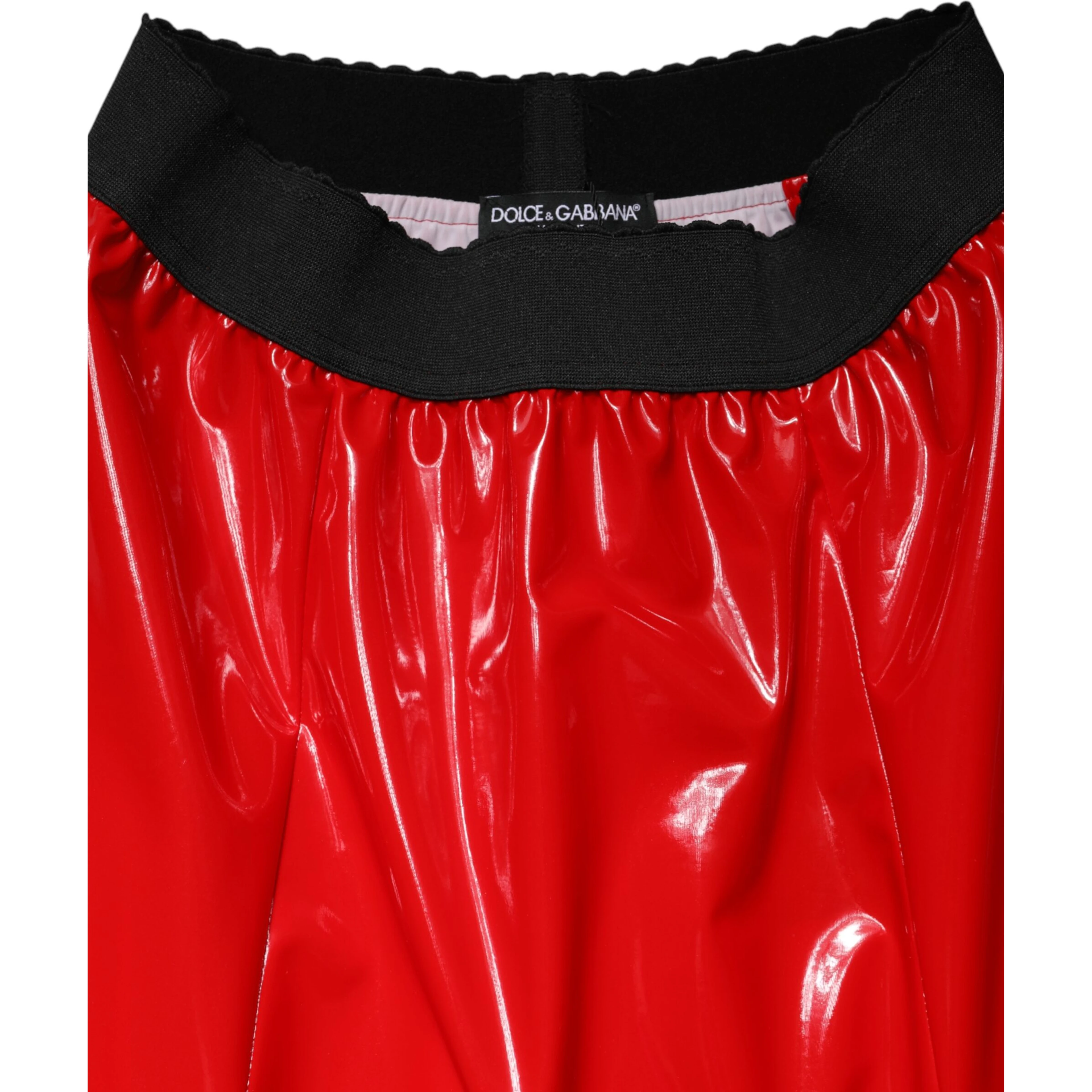 Glossy Red Polyester High Waist Midi Skirt