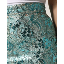 Blue Floral Brocade High Waist Mini Skirt