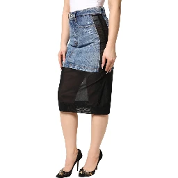 Blue Black Cotton Denim Sheer Midi Skirt