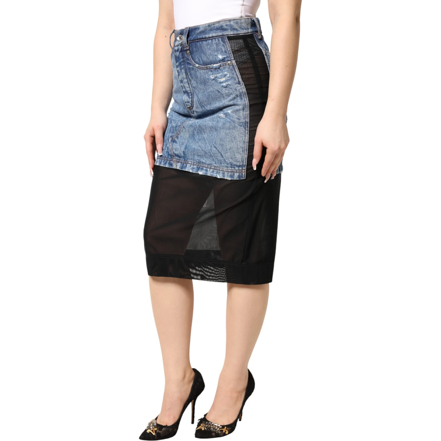 Blue Black Cotton Denim Sheer Midi Skirt