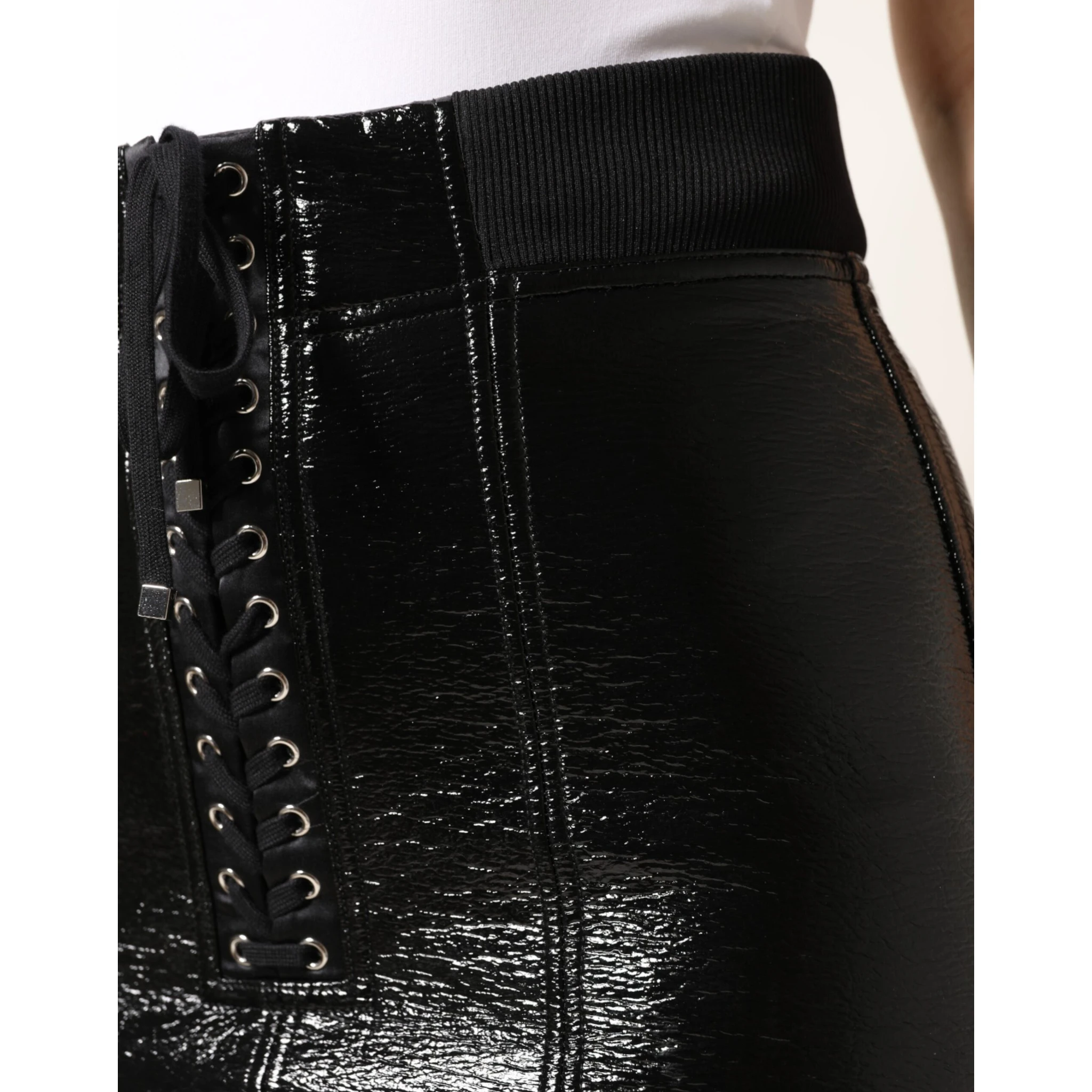 Black Nylon Eyelet Detail Coated Mini Skirt