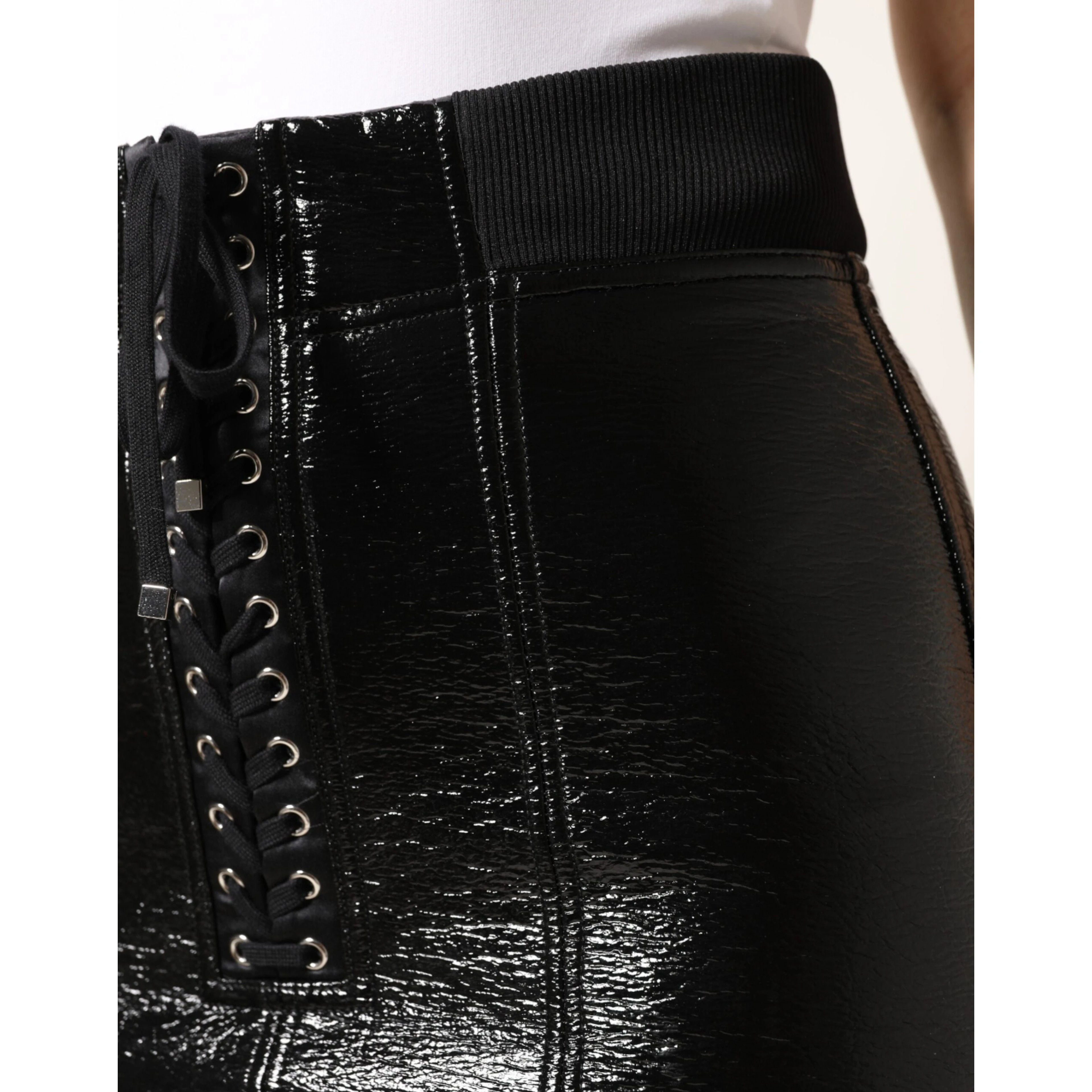 Black Nylon Eyelet Detail Coated Mini Skirt