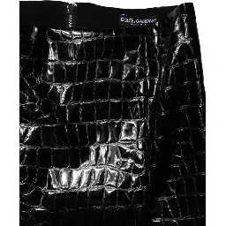 Black Croc Faux-Leather Mid Waist Midi Skirt