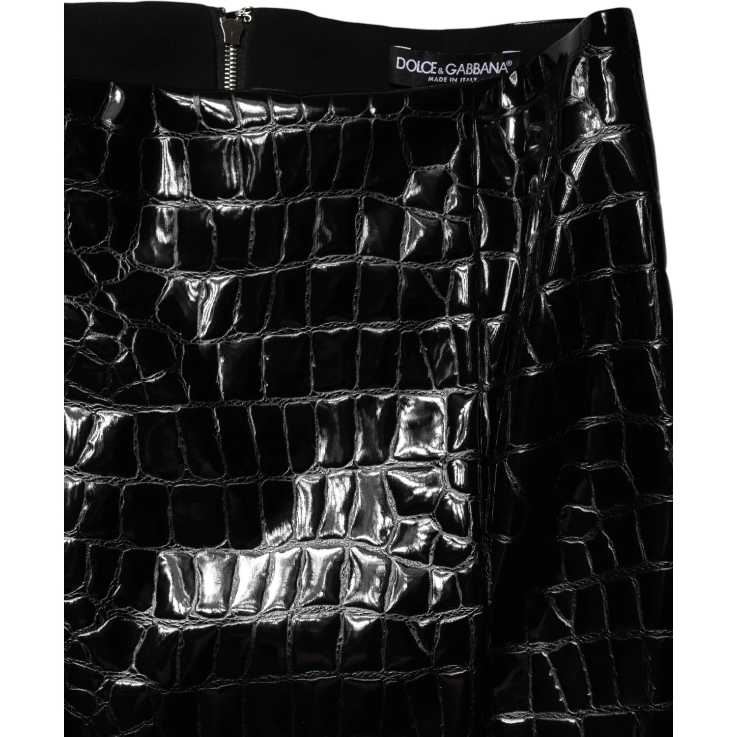 Black Croc Faux-Leather Mid Waist Midi Skirt
