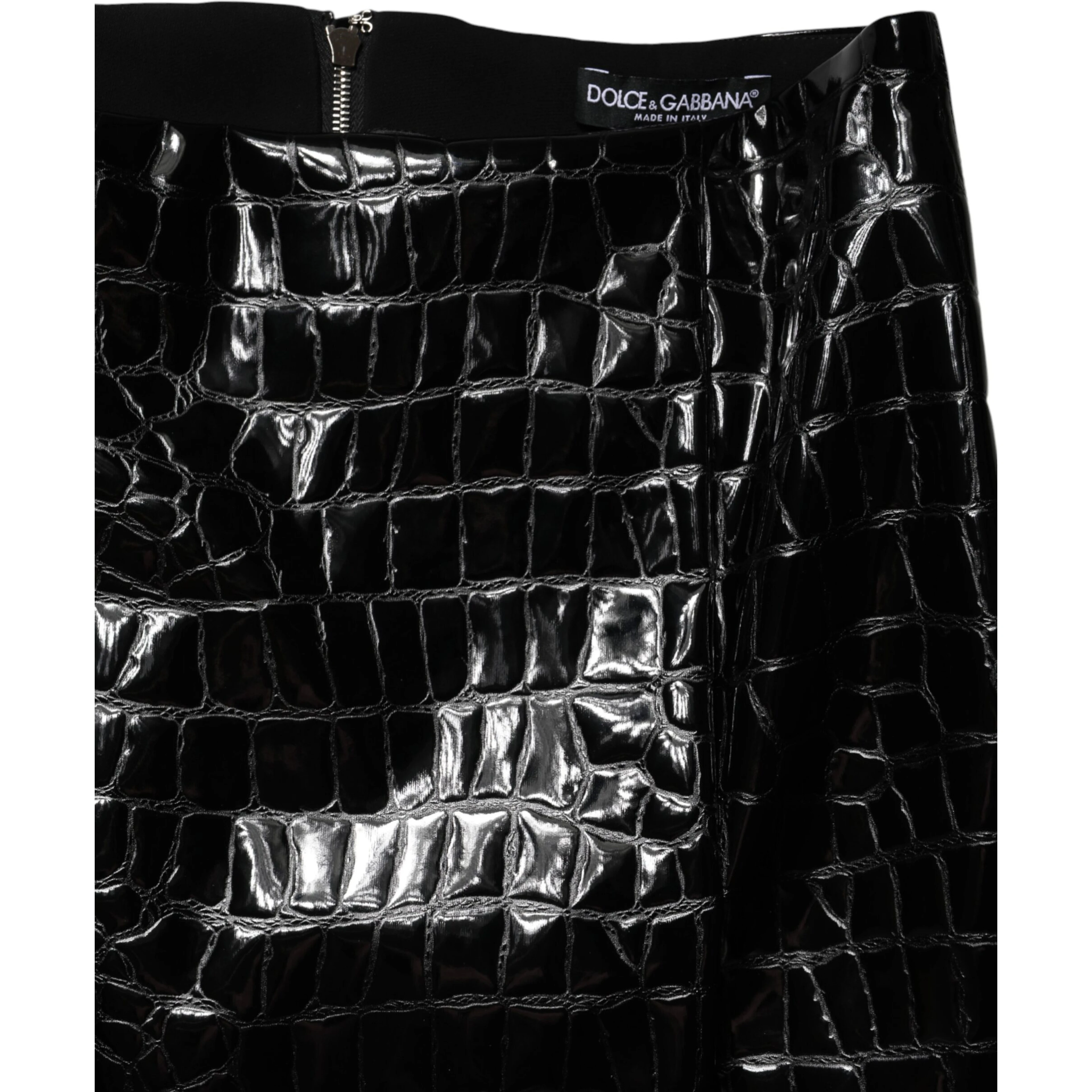 Black Croc Faux-Leather Mid Waist Midi Skirt