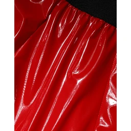 Glossy Red Polyester High Waist Midi Skirt