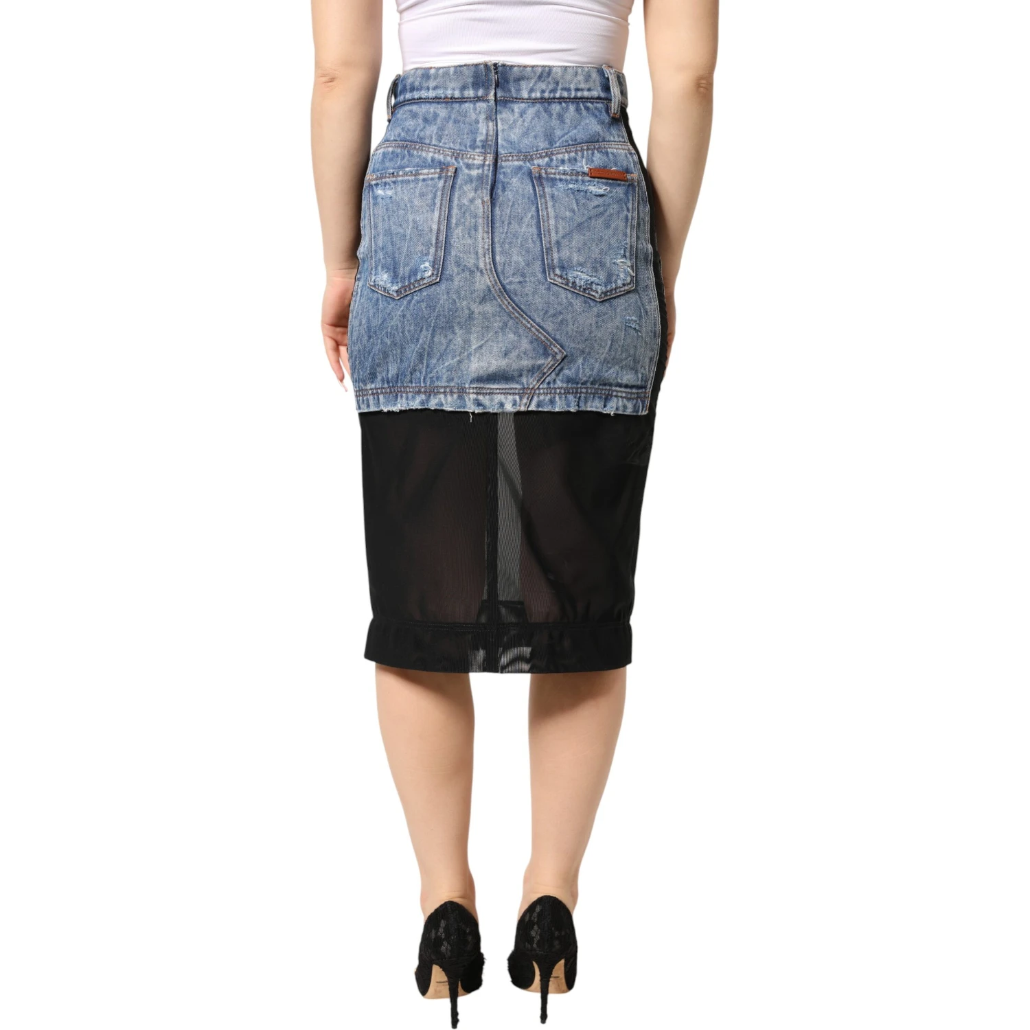 Blue Black Cotton Denim Sheer Midi Skirt