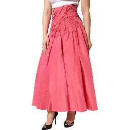 Pink Silk Pleated High Waist Midi Skirt