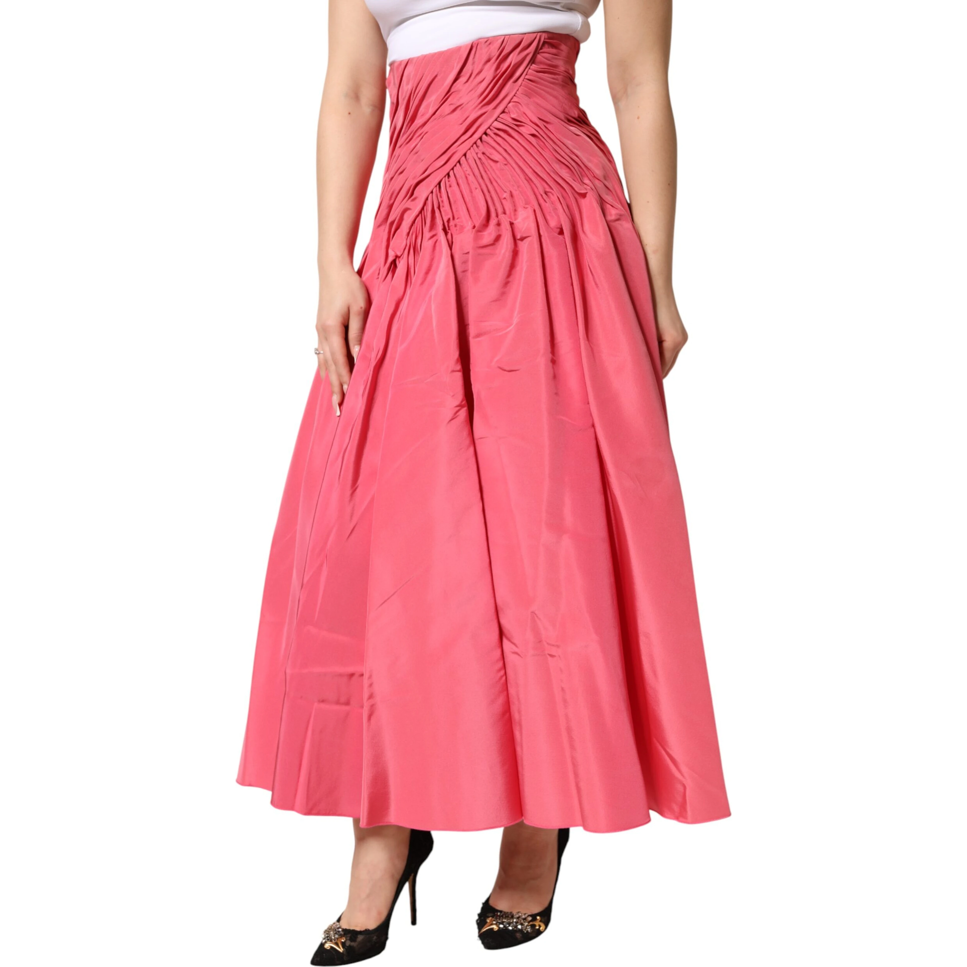Pink Silk Pleated High Waist Midi Skirt