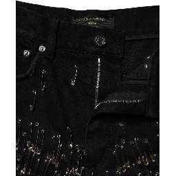 Black Pins Cotton Denim Hot Pants Shorts