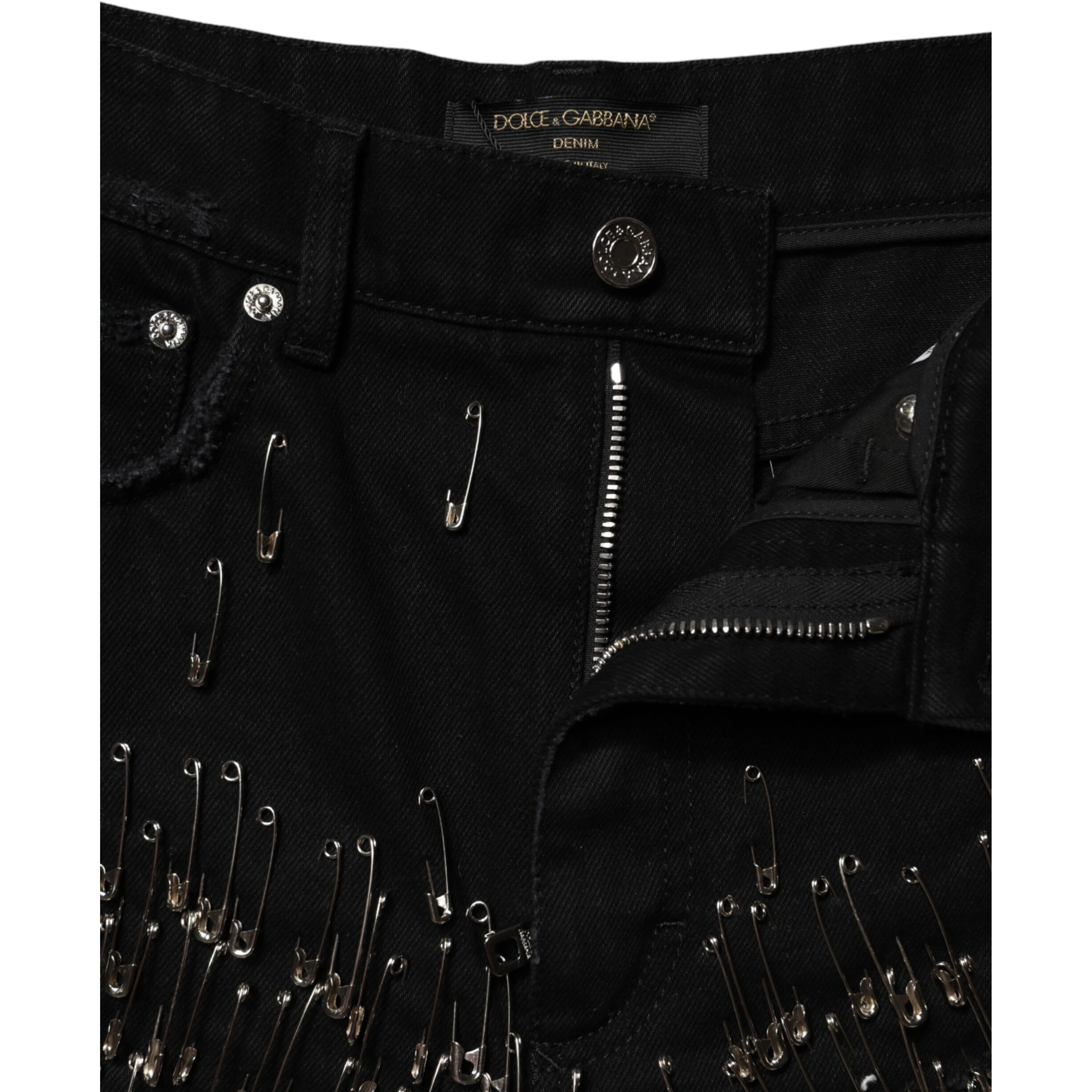 Black Pins Cotton Denim Hot Pants Shorts