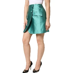 Green Polyester Button High Waist Mini Skirt
