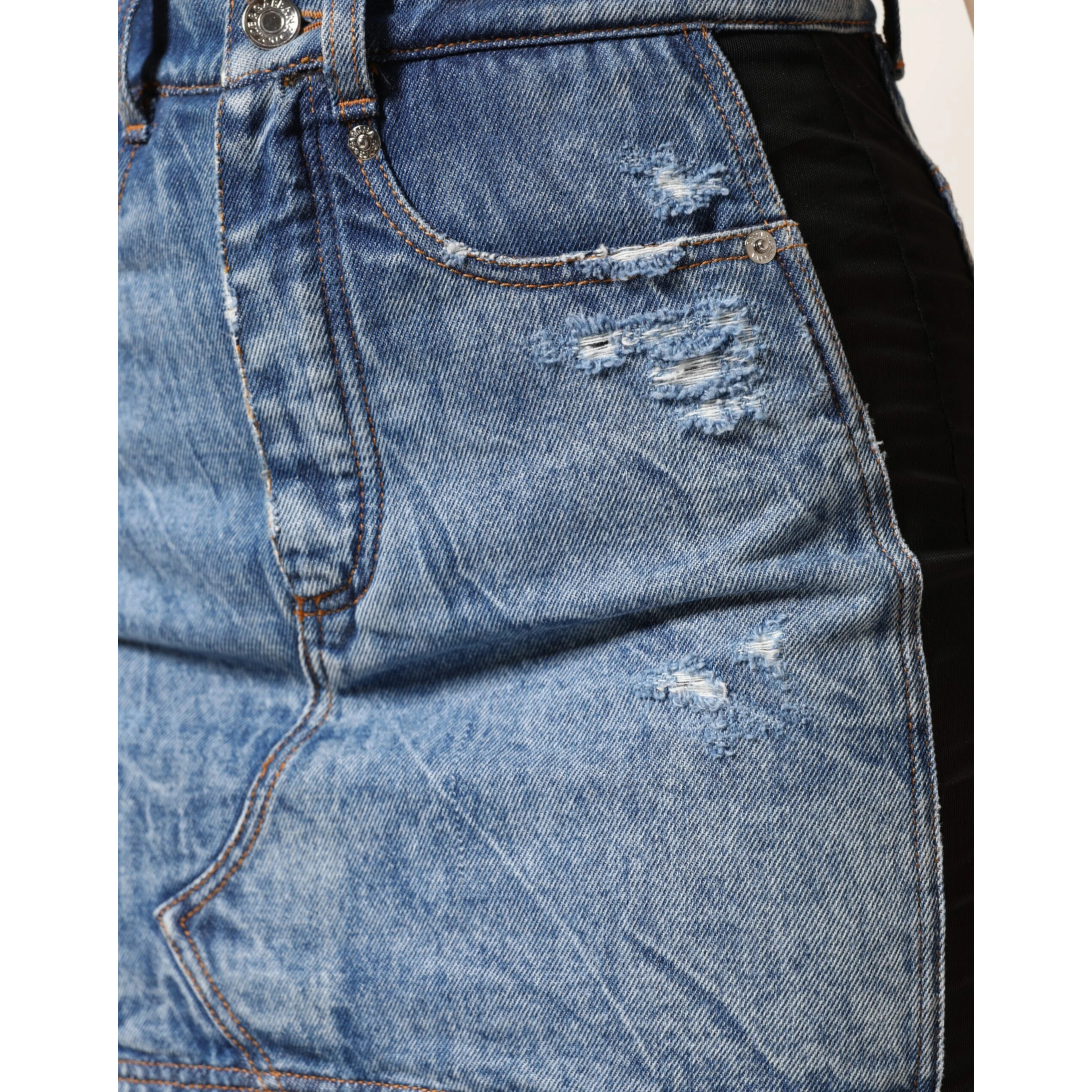 Blue Black Cotton Denim Sheer Midi Skirt