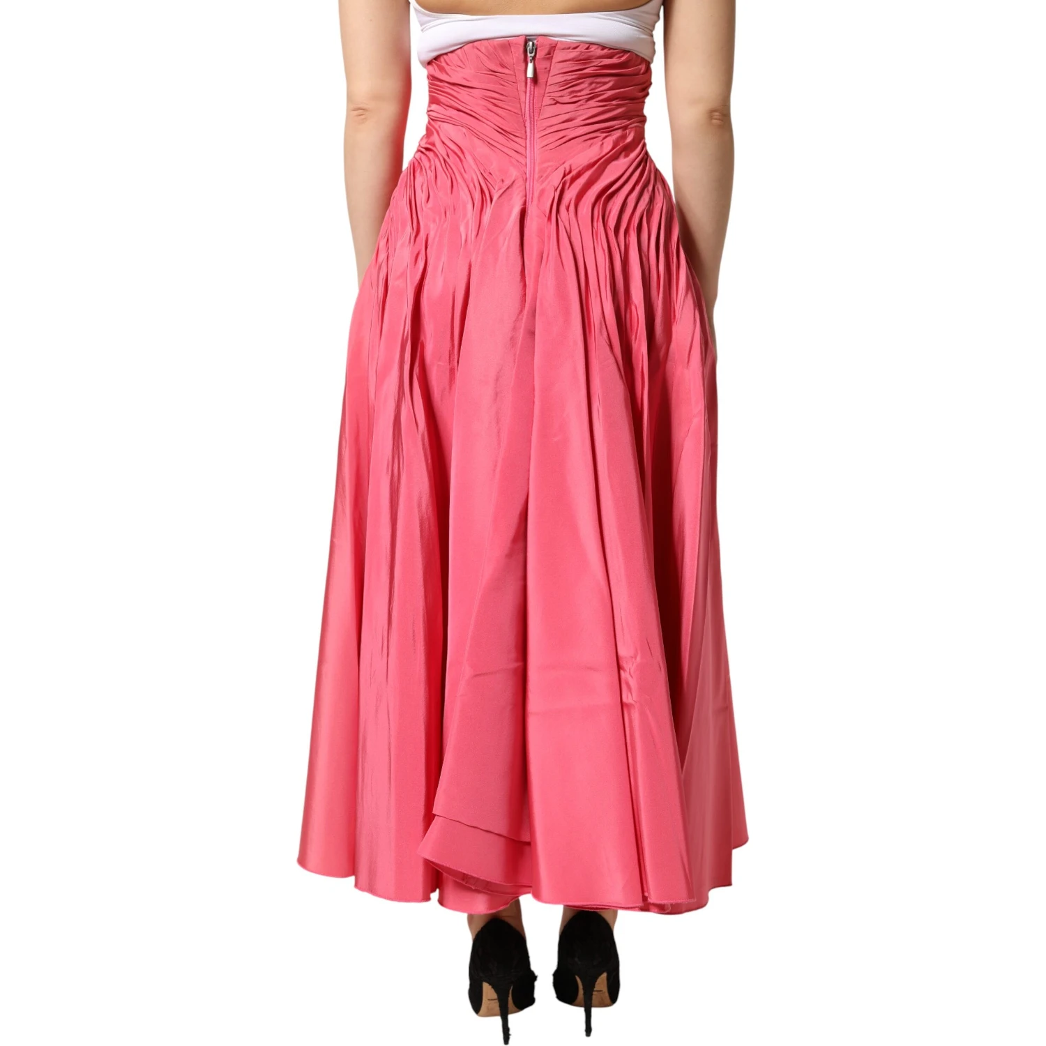 Pink Silk Pleated High Waist Midi Skirt