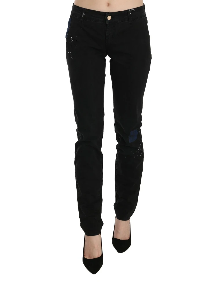 Black Low Waist White Paint Skinny Denim Pants Jeans