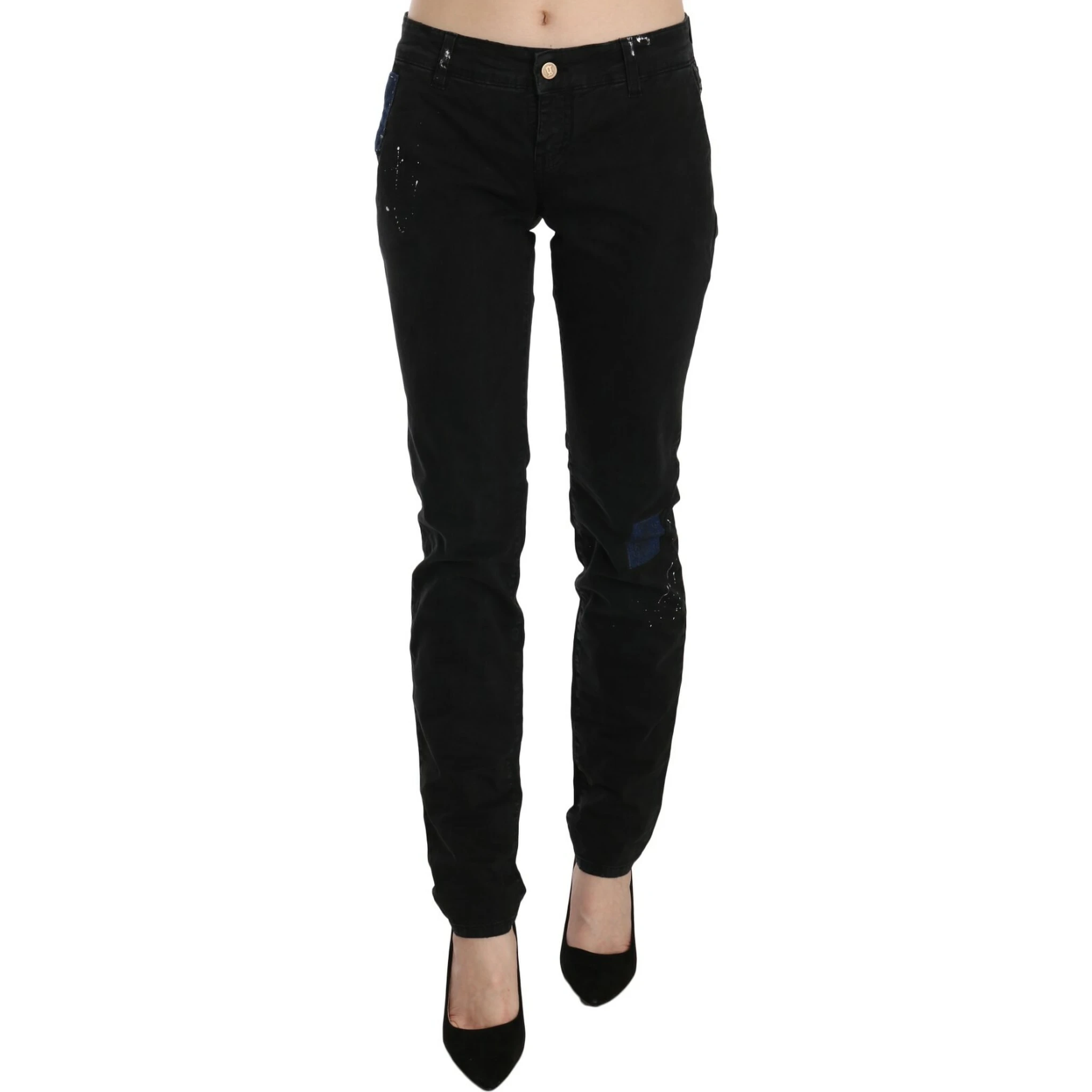 Black Low Waist White Paint Skinny Denim Pants Jeans