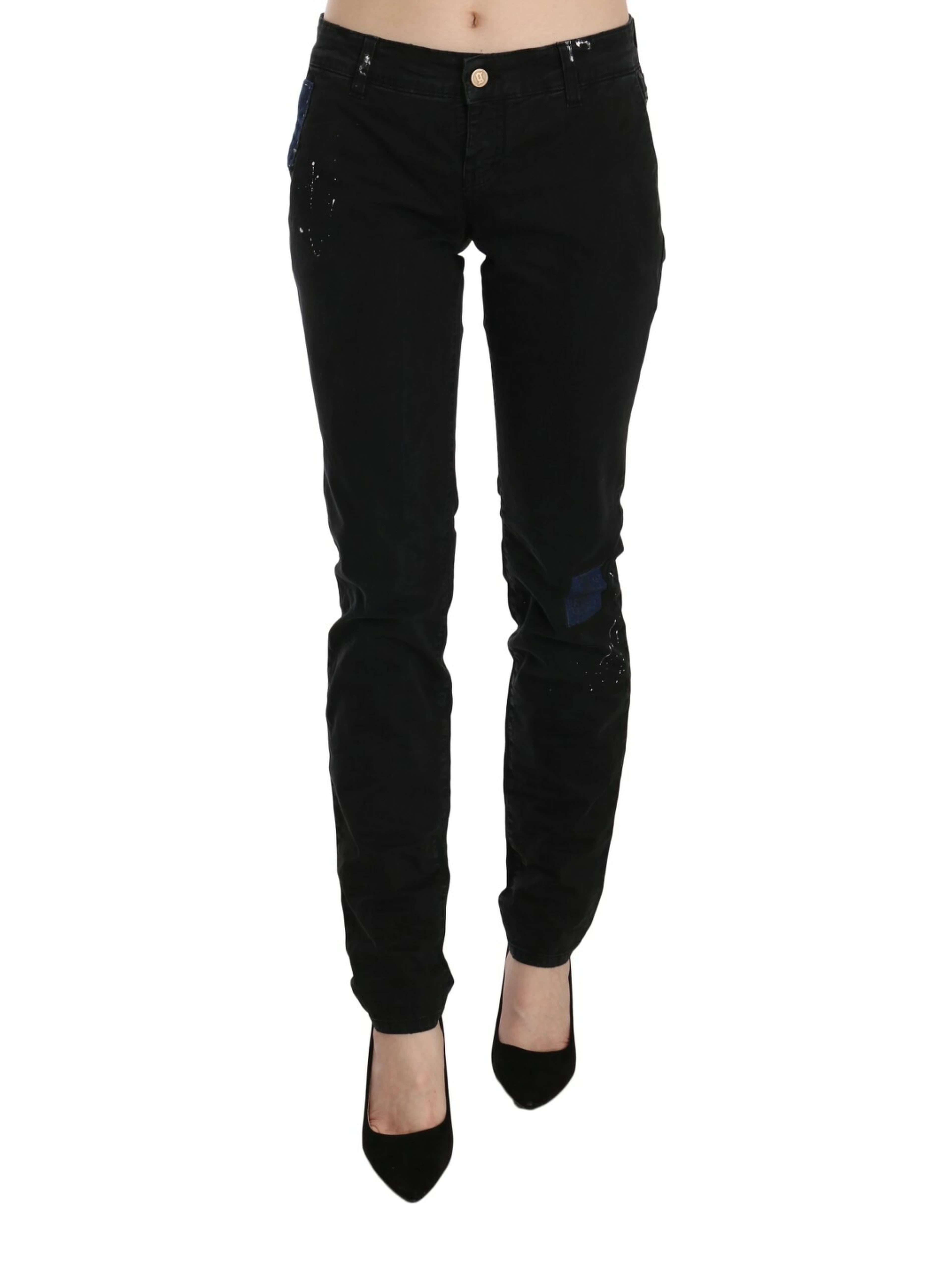 Black Low Waist White Paint Skinny Denim Pants Jeans