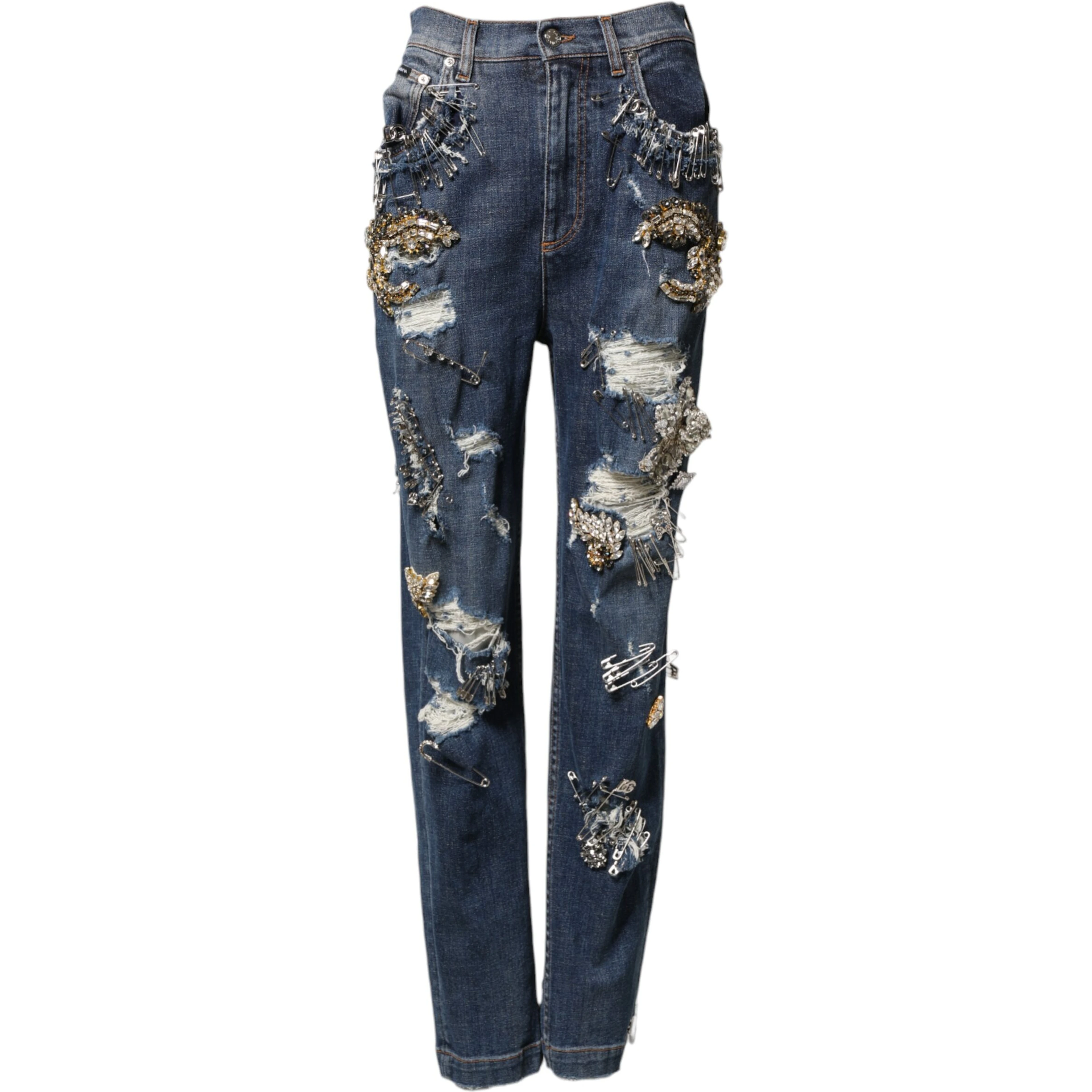 Blue Cotton Rhinestone Embellish Denim Jeans