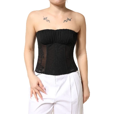 Black Silk Lace Bustier Corset Strapless Top