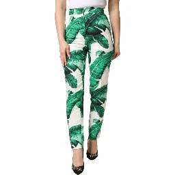 White Green Leaf High Waist Trousers Pants