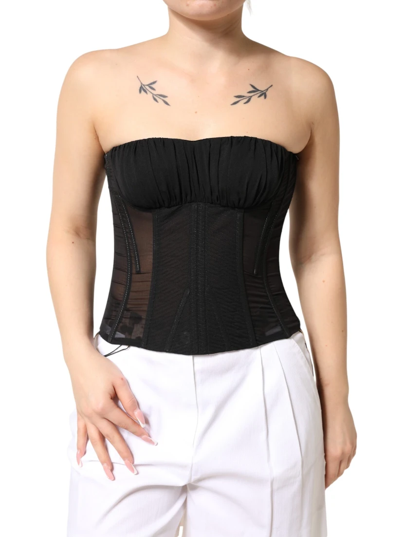 Black Silk Lace Bustier Corset Strapless Top