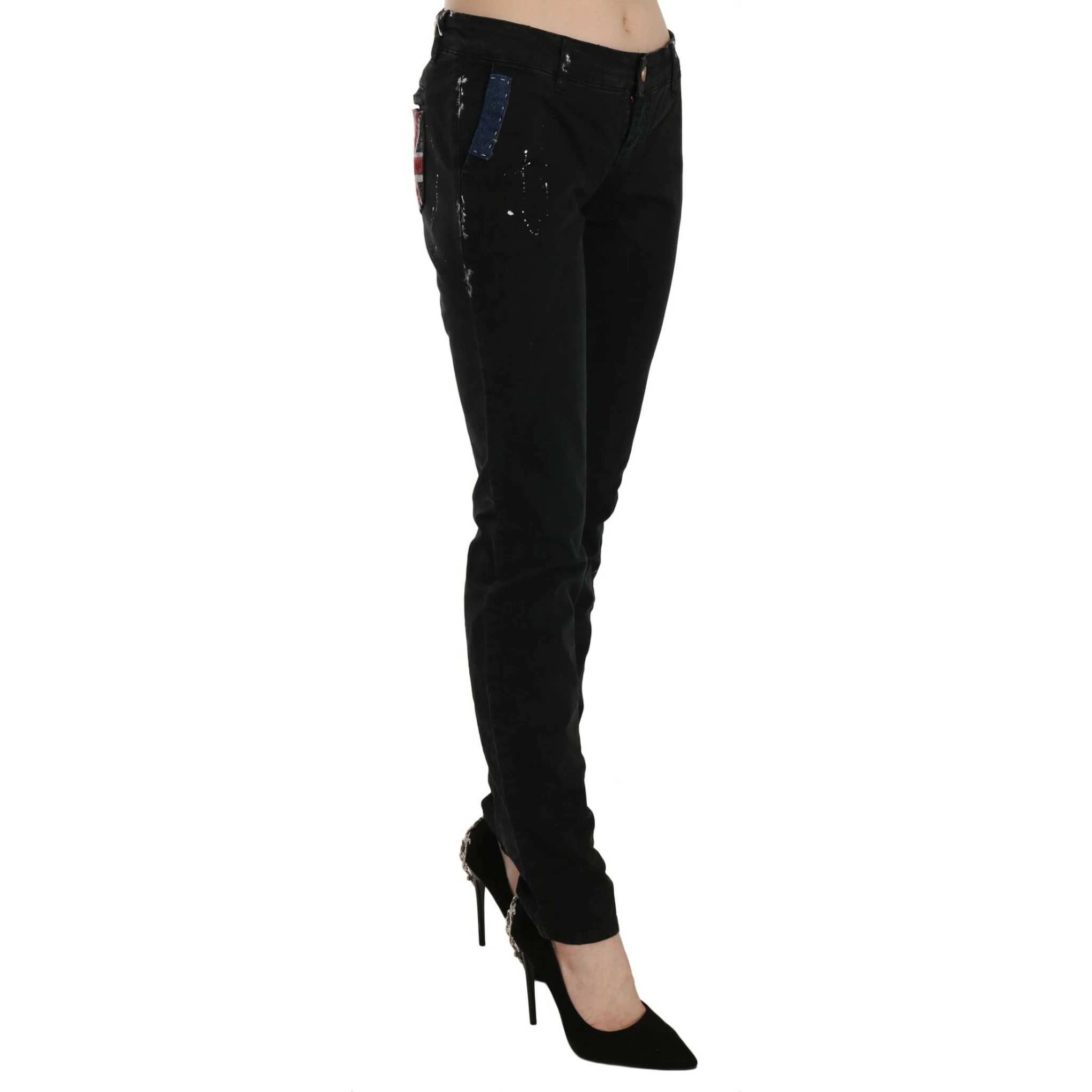 Black Low Waist White Paint Skinny Denim Pants Jeans