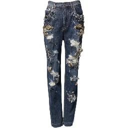 Blue Cotton Rhinestone Embellish Denim Jeans