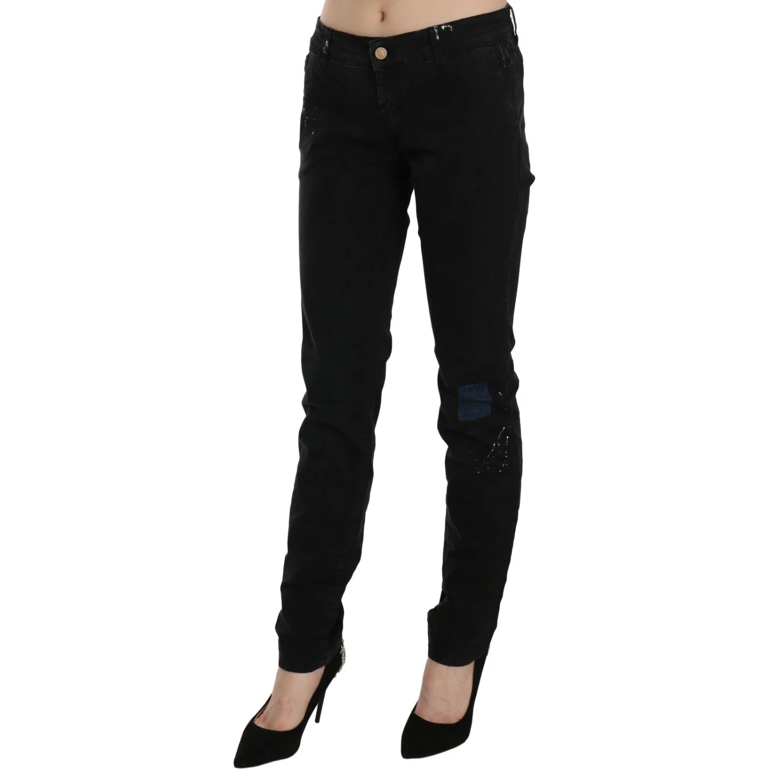 Black Low Waist White Paint Skinny Denim Pants Jeans