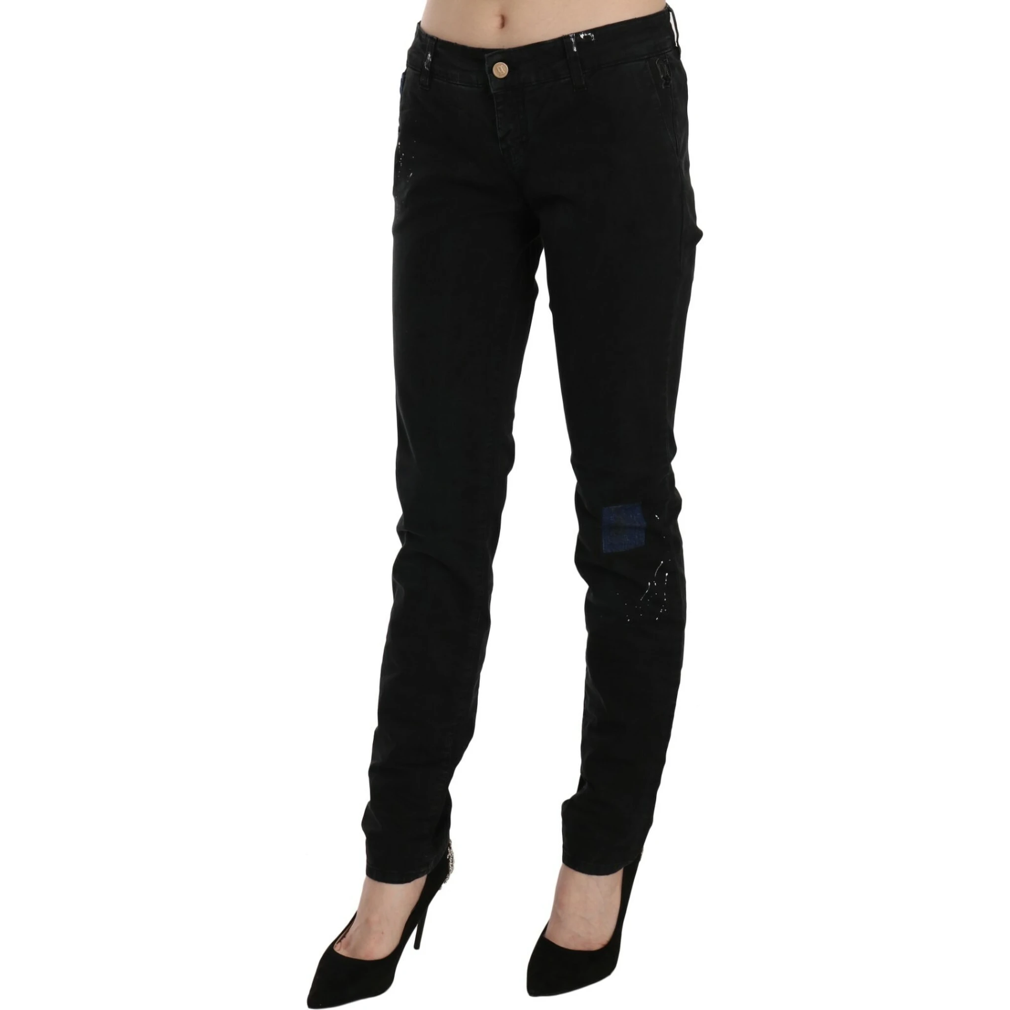 Black Low Waist White Paint Skinny Denim Pants Jeans